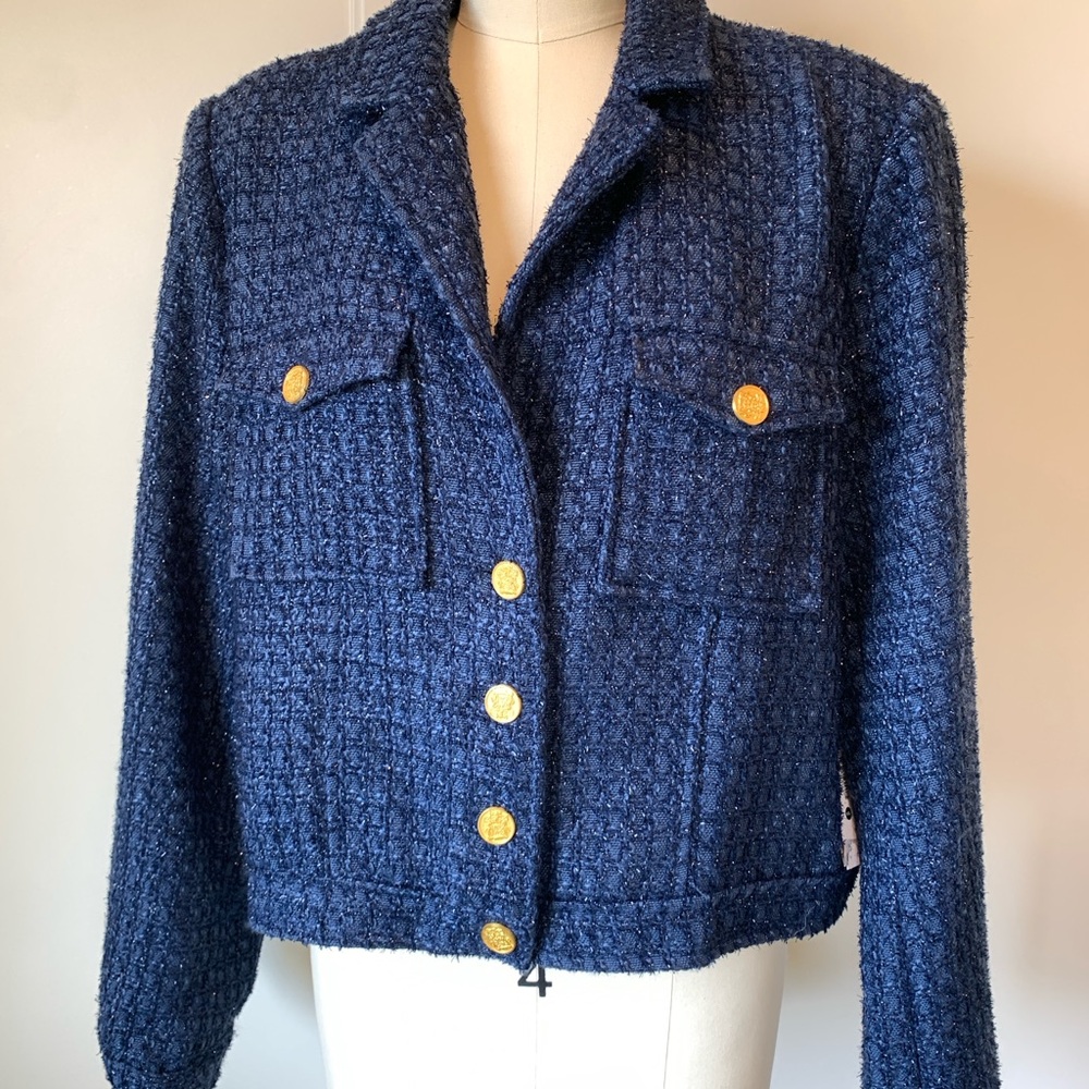 Aqua Navy Tweed Blazer with Gold Buttons